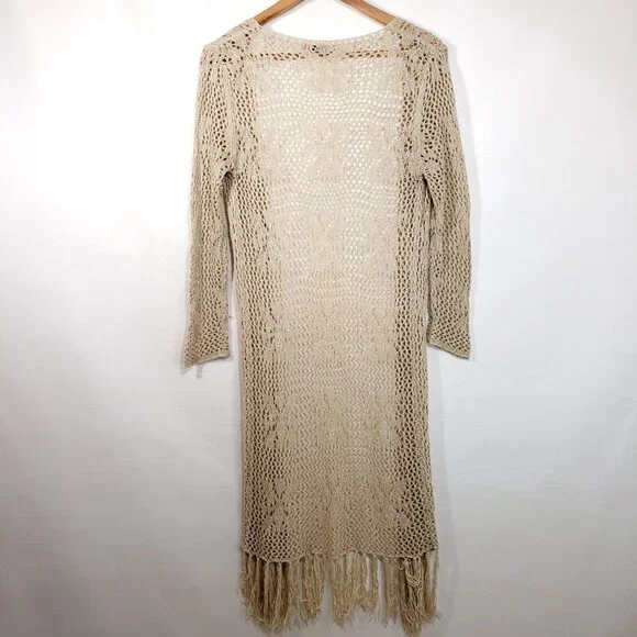 Y2K Vintage Western Boho Fringe Open Knit Duster Cardigan Sweater in light brown - Picture 2 of 7